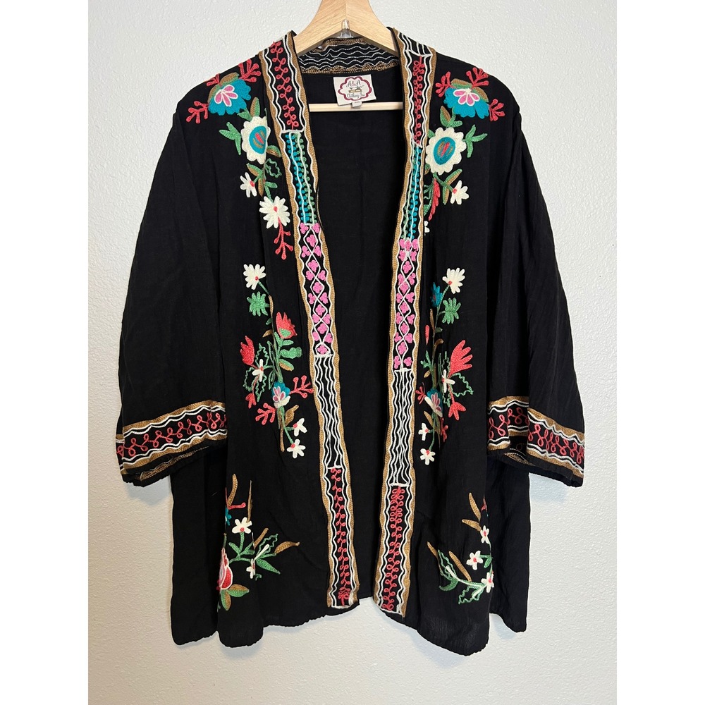 Bohemian Floral Embroidered Kimono Women 3X Black